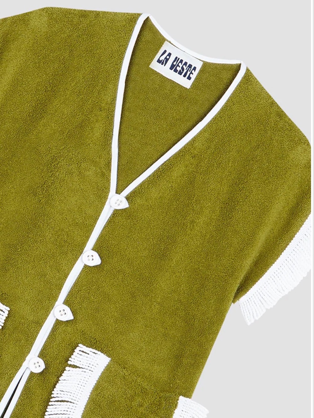 Olive Green Mini Dress with White Fringe Sleeves - Picture 3 of 7